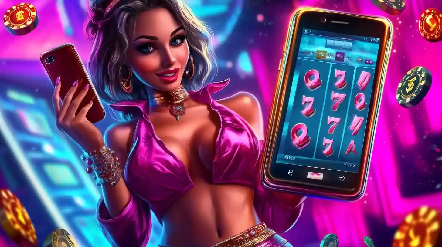 Confident woman holding cash and casino chips in neon-lit city
