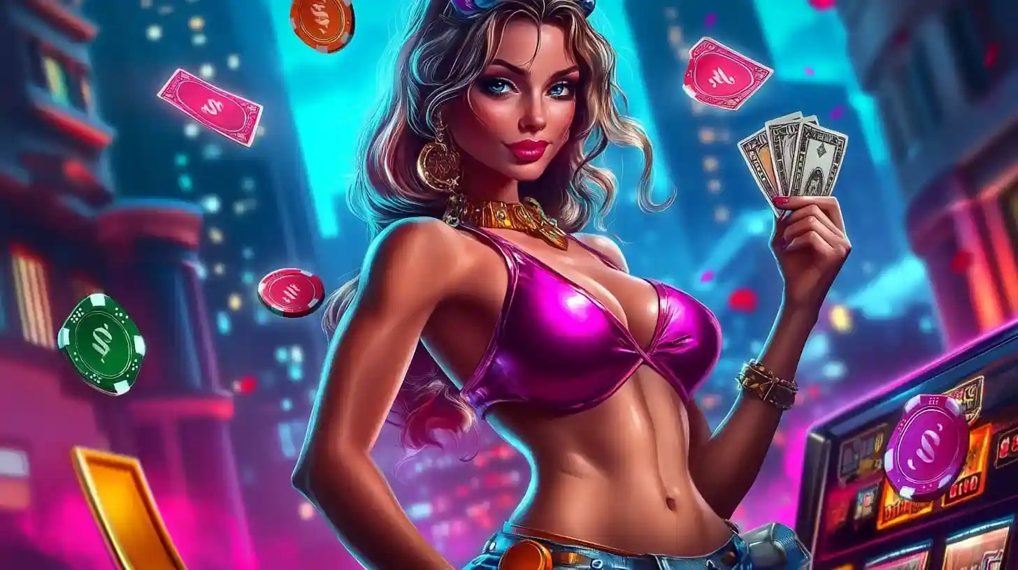 Stylish man in pink jacket holding phone at neon casino with dice and cards