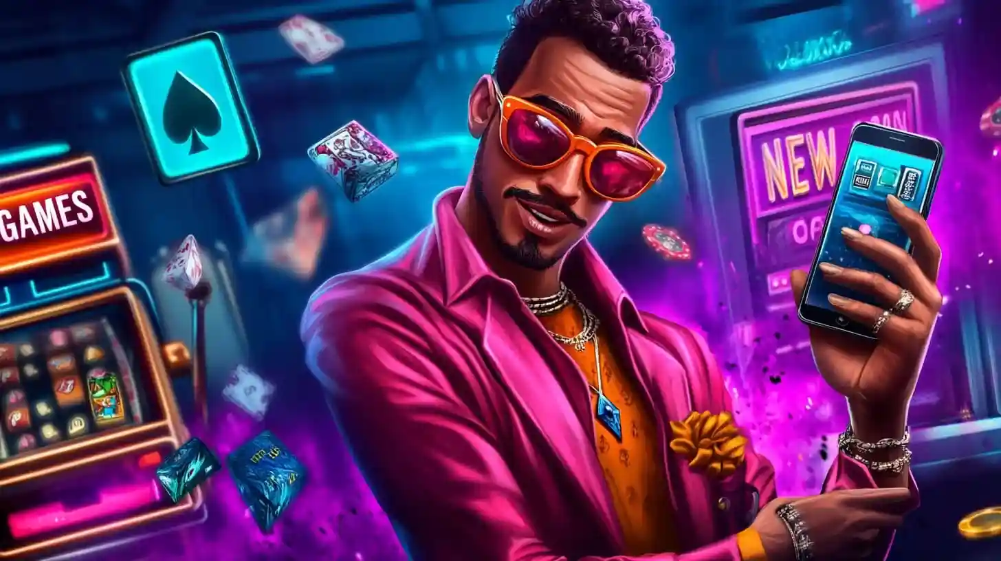 Glamorous woman in pink holding phone with slot machine game at neon casino