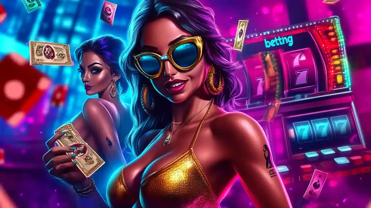 Two glamorous women holding cash in a neon-lit casino with slot machines and flying money