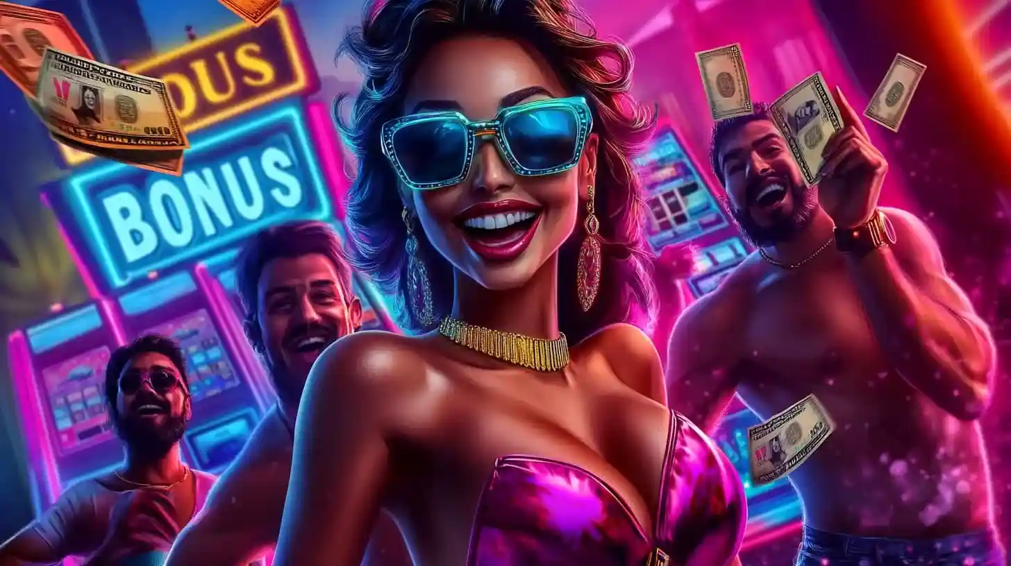 Smiling woman showing casino bonuses on mobile phone in neon city