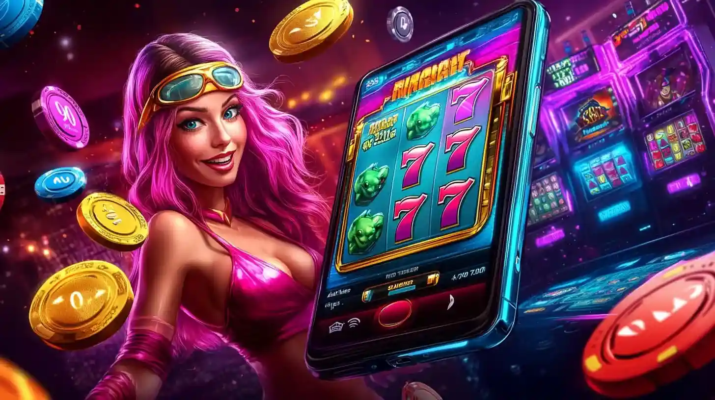 Mobile slot machine and flying dice in colorful street casino scene