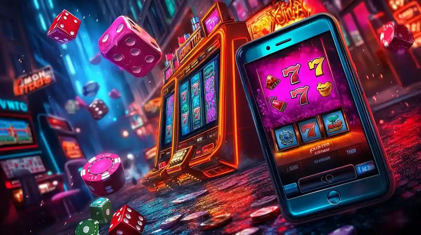 Cheerful girl playing slot machine game on mobile with flying casino coins