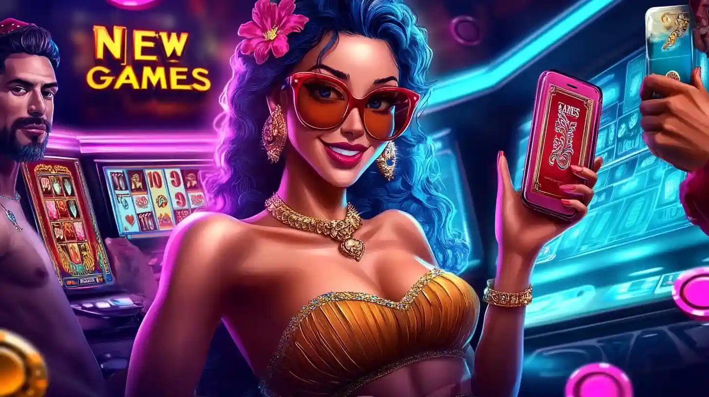 Smiling woman showcasing new casino games on mobile phone