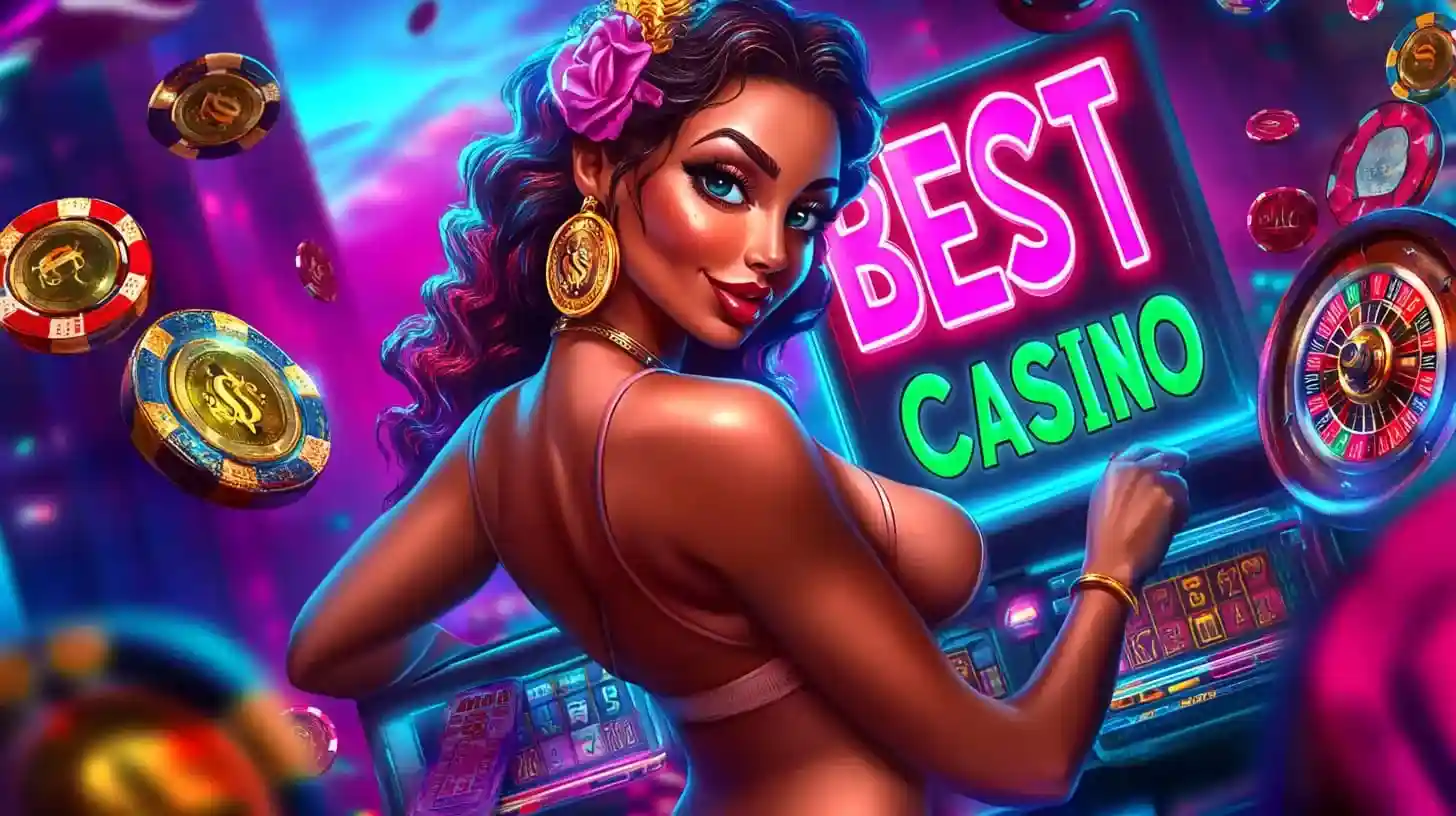 Elegant woman at slot machines promoting the best online casino
