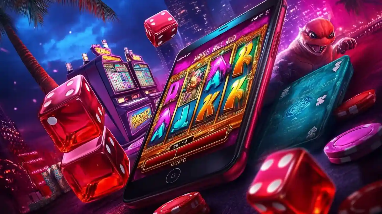 Smiling woman in gold bikini with slot machine app and poker chips on tropical background